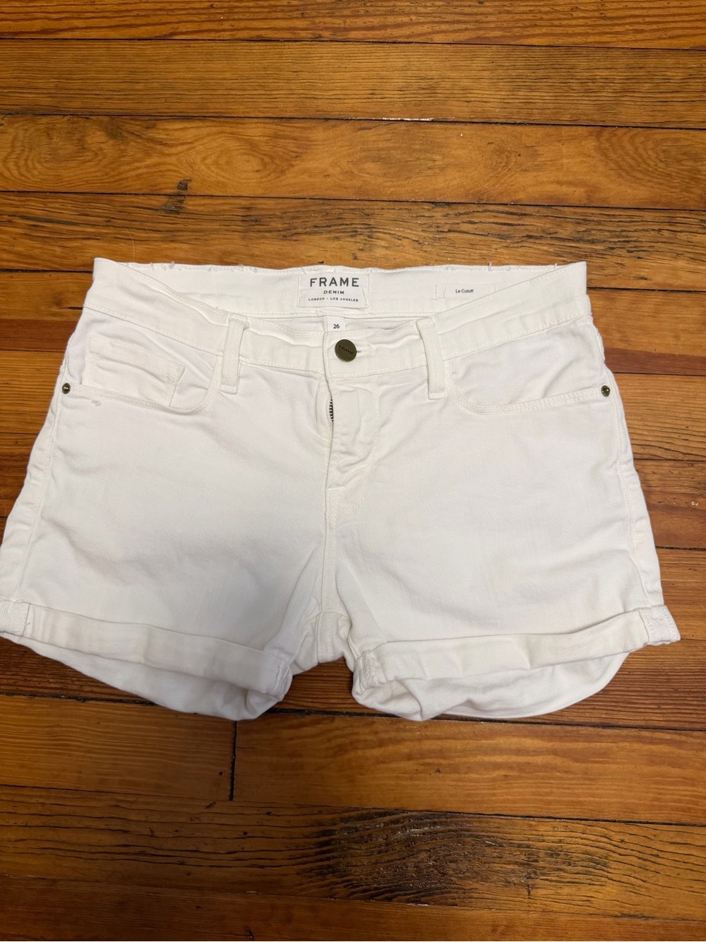 FRAME Le Cutoff White Denim Shorts Size 26 Raw Hem Rolled Cuff Stretch